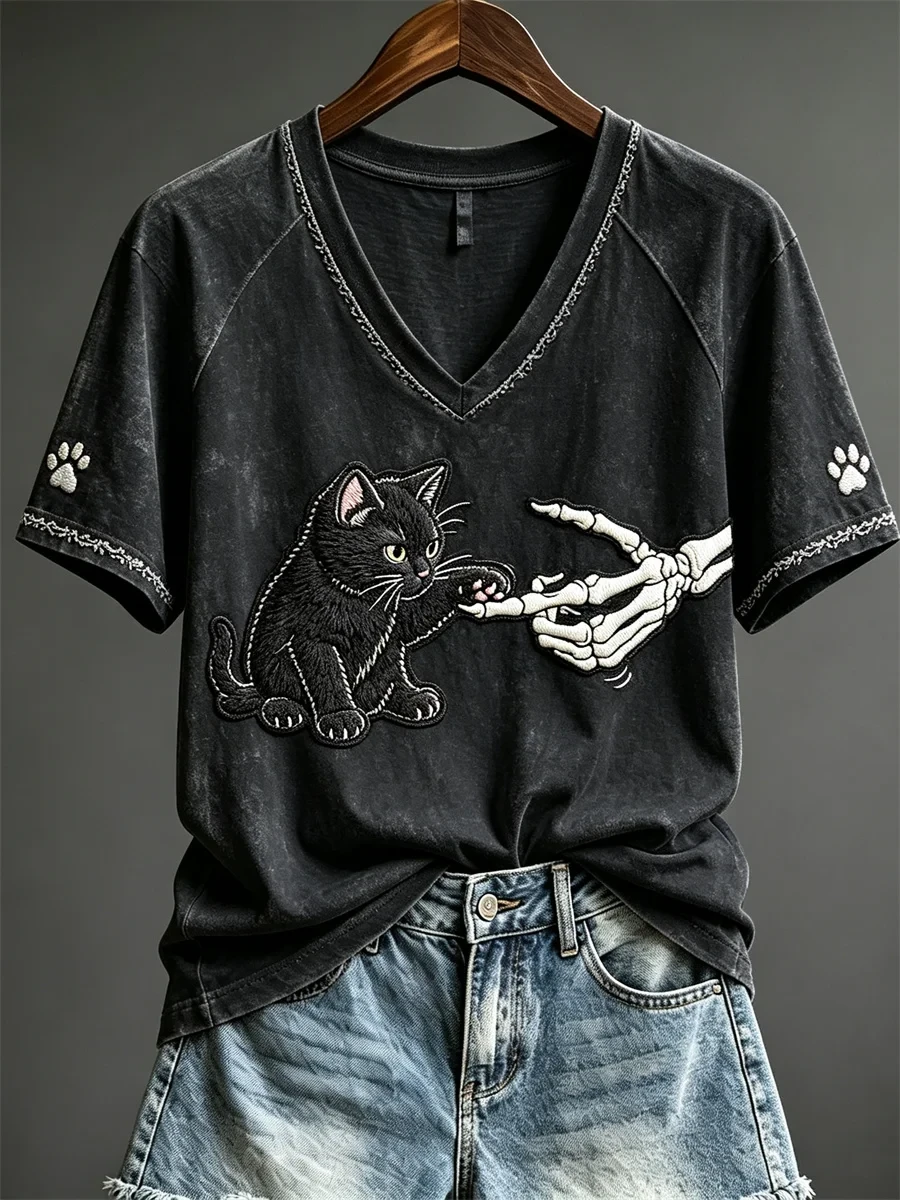 Halloween Skeleton And Black Cat V-Neck Shirt Target Halloween Apparel Gifts For Cat Lovers - Kdjoy