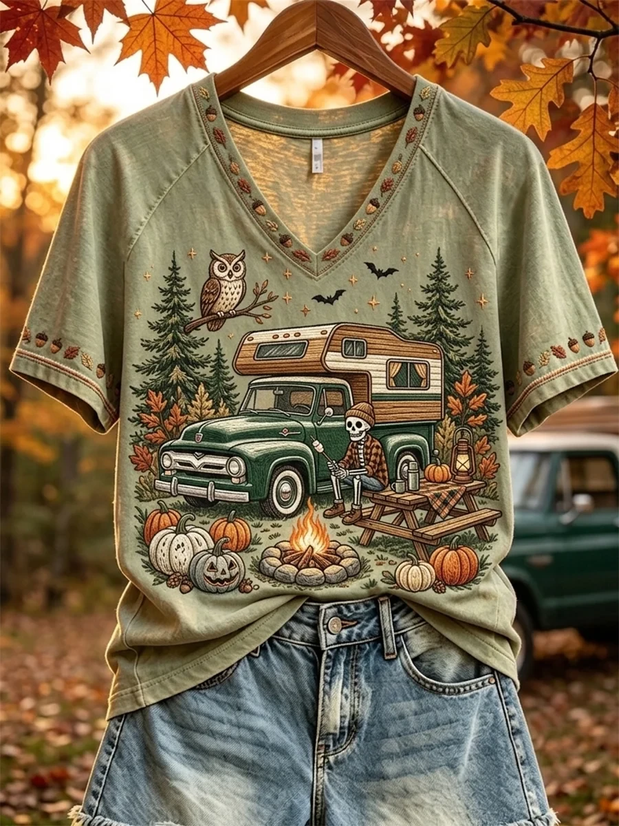 Halloween Skeleton Camping V-Neck Shirt Funny Halloween Apparel Gifts For BFF - Kdjoy Halloween Skeleton Camping V-Neck Shirt Funny Halloween Apparel Gifts For BFF - Kdjoy
