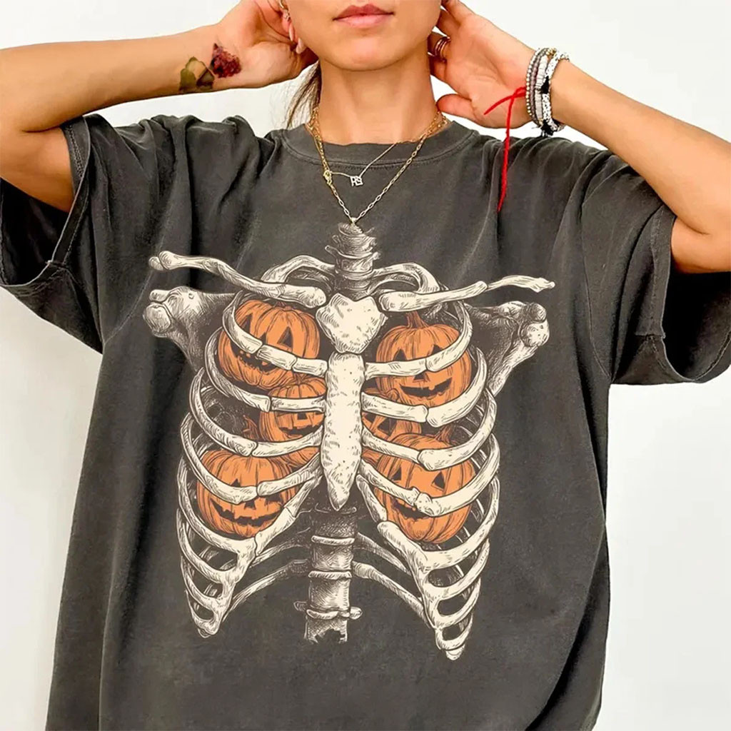 Halloween Skeleton Pumpkin Shirt Spooky Season Clothing Halloween Themed Presents - Kdjoy