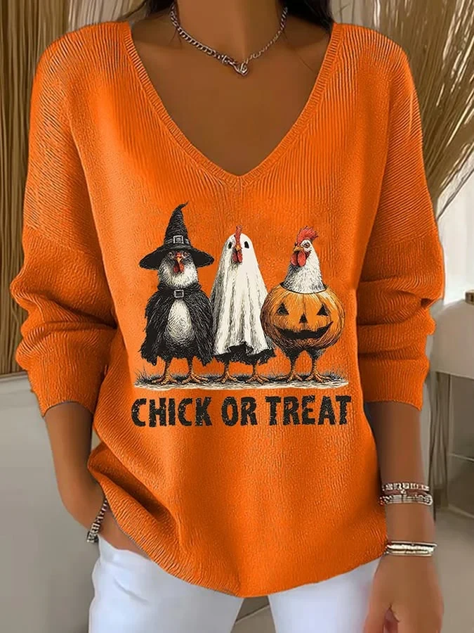 Halloween Trick Or Treat V-Neck Long Sleeve Shirt Halloween Merch Gift Ideas For Her - Kdjoy