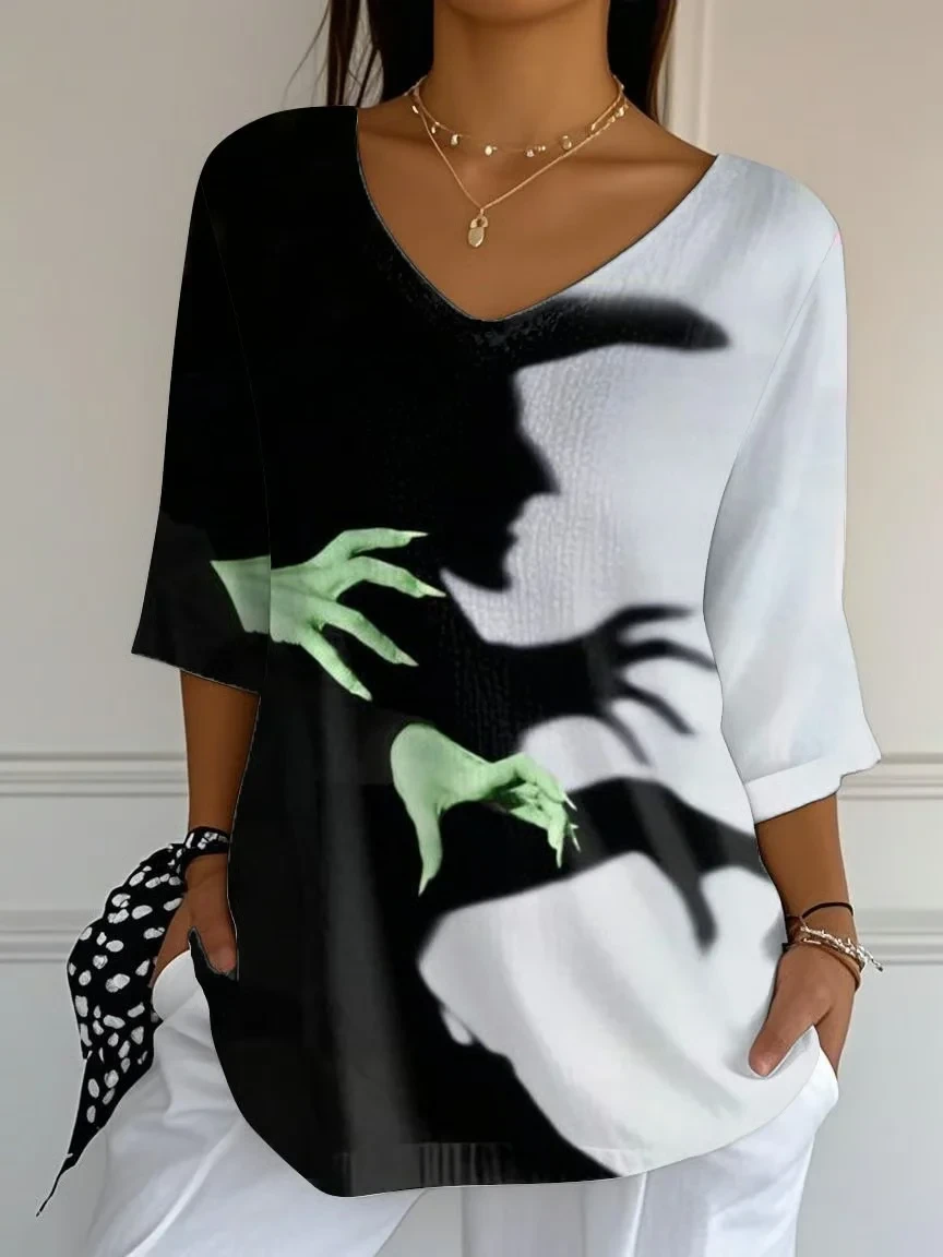 Halloween Witch Crop Sleeve V-Neck Shirt Women Halloween Clothes Spooky Gifts - Kdjoy
