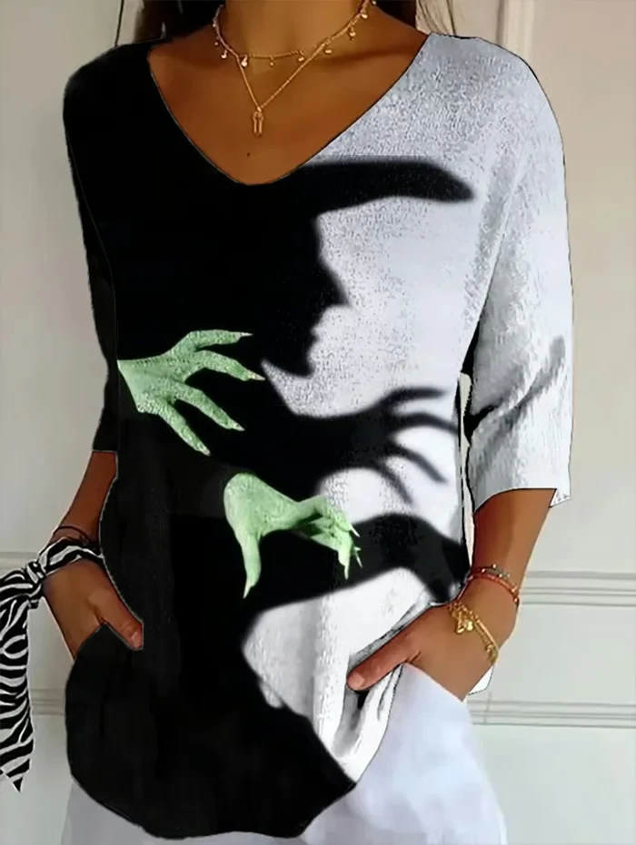 Halloween Witch Crop Sleeve V-Neck T-Shirt Halloween Apparel Women's Horror Clothing - Kdjoy
