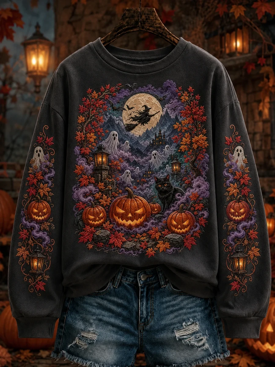 Halloween Witch Ghosts And Black Cat Sweatshirt Spooky Moon Pumpkin Clothing Present Ideas - Kdjoy Halloween Witch Ghosts And Black Cat Sweatshirt Spooky Moon Pumpkin Clothing Present Ideas - Kdjoy