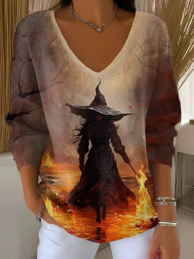 Halloween Witch Long Sleeve V-Neck Shirt Halloween Themed Shirts Gifts For Her - Kdjoy Halloween Witch Long Sleeve V-Neck Shirt Halloween Themed Shirts Gifts For Her - Kdjoy