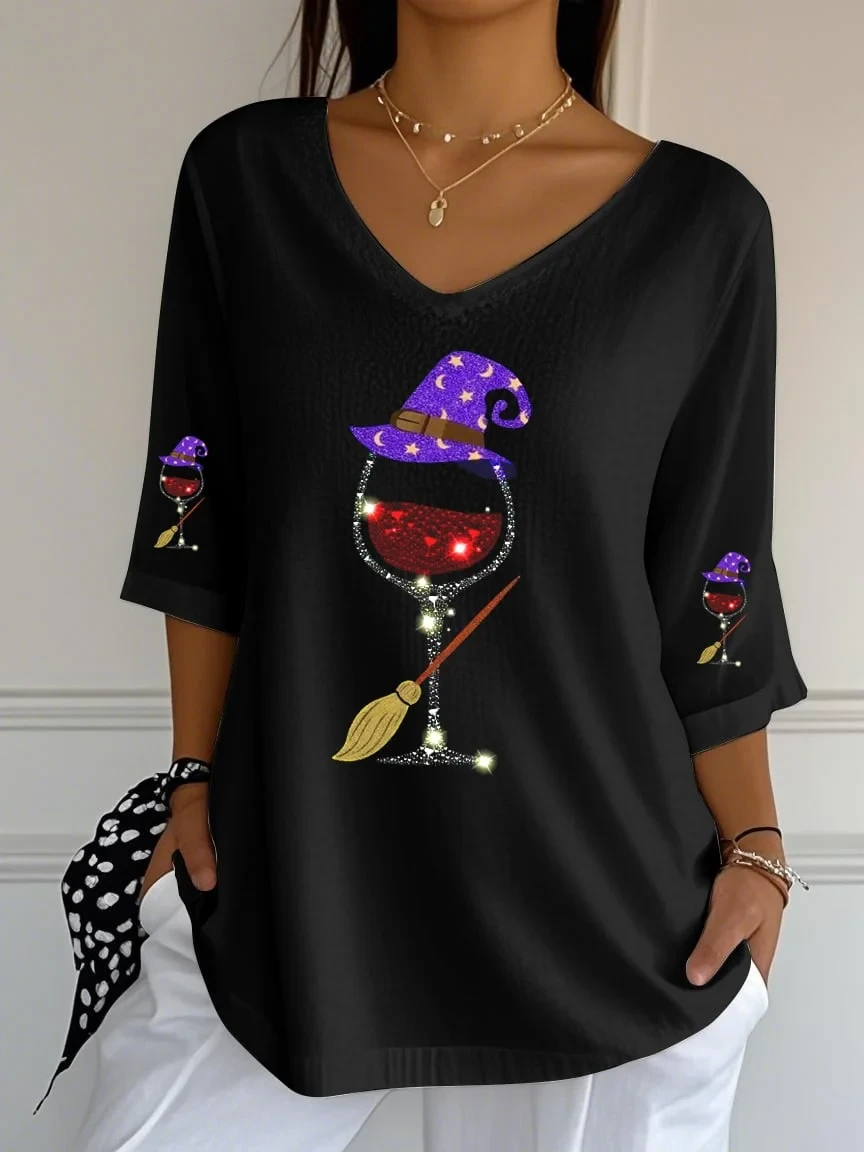 Halloween Witch Red Wine Glass Crop Sleeve V-Neck T-Shirt Halloween Clothes Gifts For Her - Kdjoy