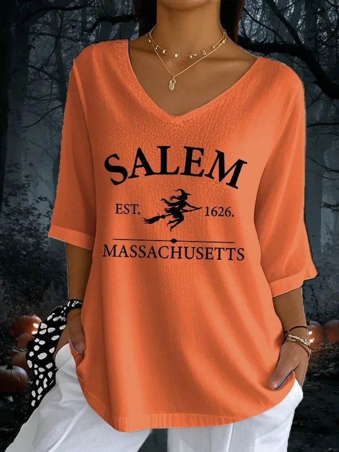Halloween Witch Salem Massachusetts Crop Sleeve V-Neck T-Shirt Halloween Gifts For Her - Kdjoy