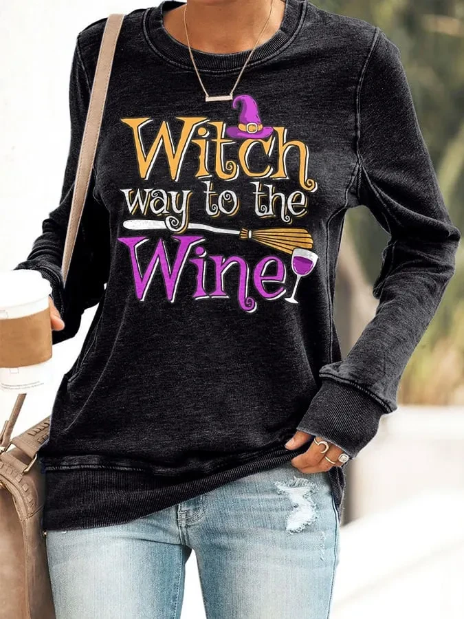 Halloween Witch Way To The Wine Crewneck Sweatshirt Spirit Halloween Outfits Gift For Drinker - Kdjoy