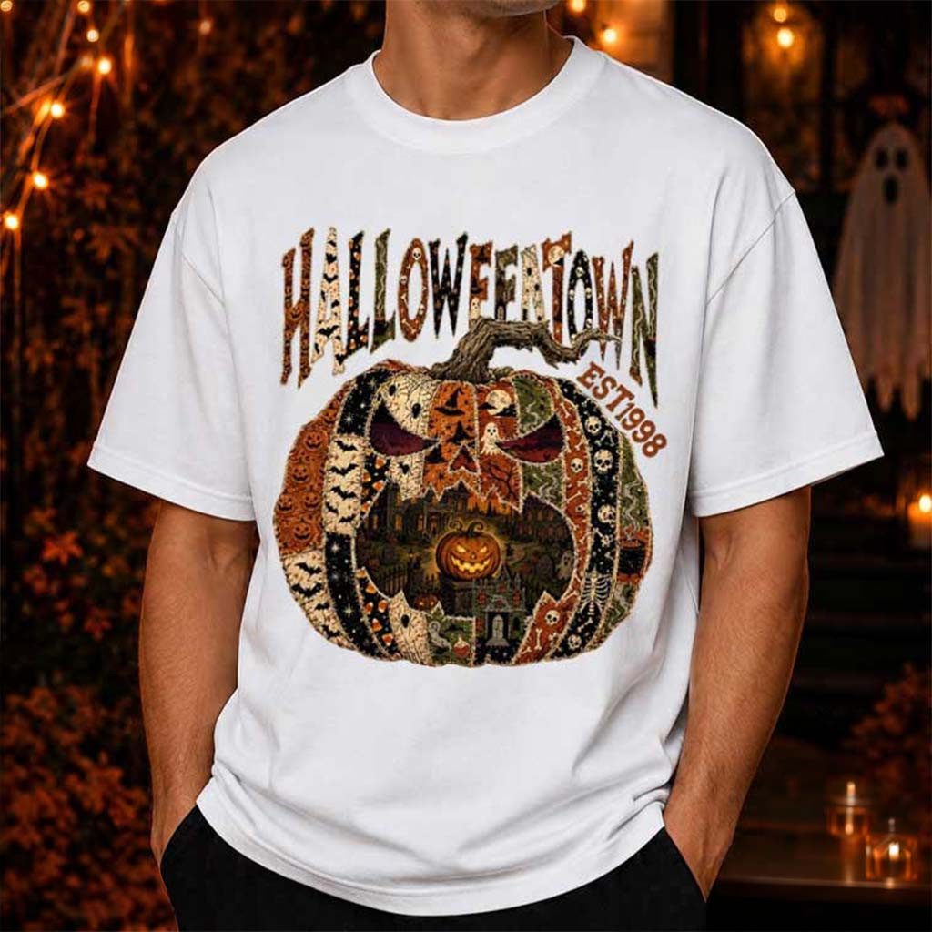 Halloweentown EST 1998 Pumpkin Not Real Patchwork T-Shirt Funny Halloween Shirt Him Gifts - Kdjoy