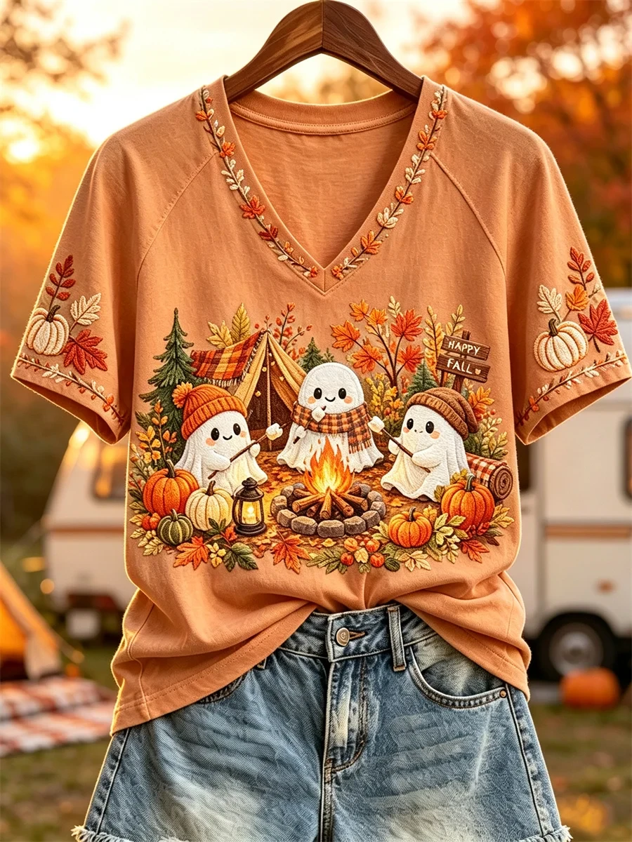 Happy Fall Ghosts Fall Camping V-Neck Shirt Cute Autumn Outfits Gifts For Halloween Lovers - Kdjoy
