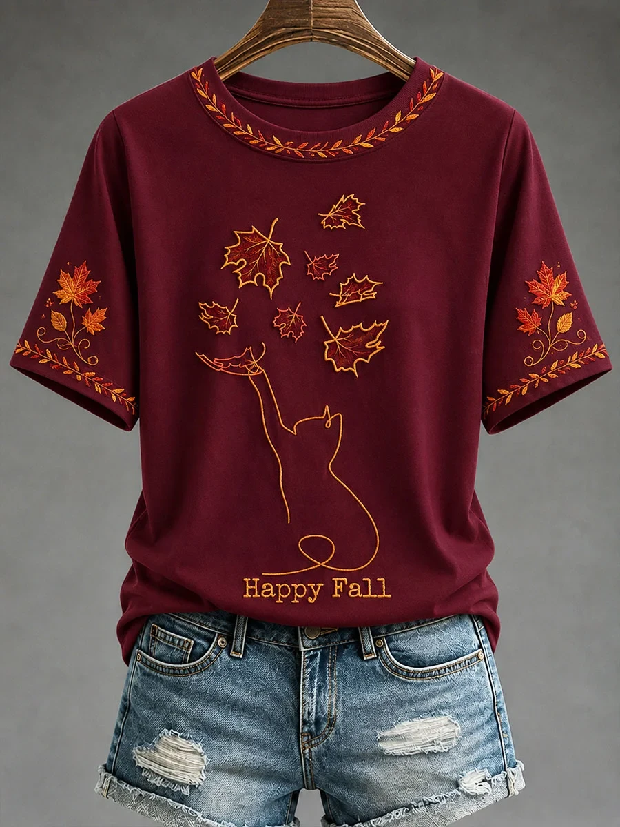 Happy Fall T-Shirt Autumn Cat Tee Gifts For Women Who Have Everything - Kdjoy Happy Fall T-Shirt Autumn Cat Tee Gifts For Women Who Have Everything - Kdjoy