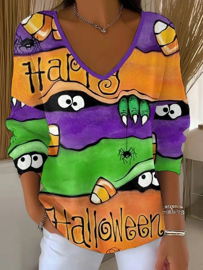 Happy Halloween Spooky V-Neck Long Shirt Monster Eyes Apparel Gift For Autumn Lovers - Kdjoy