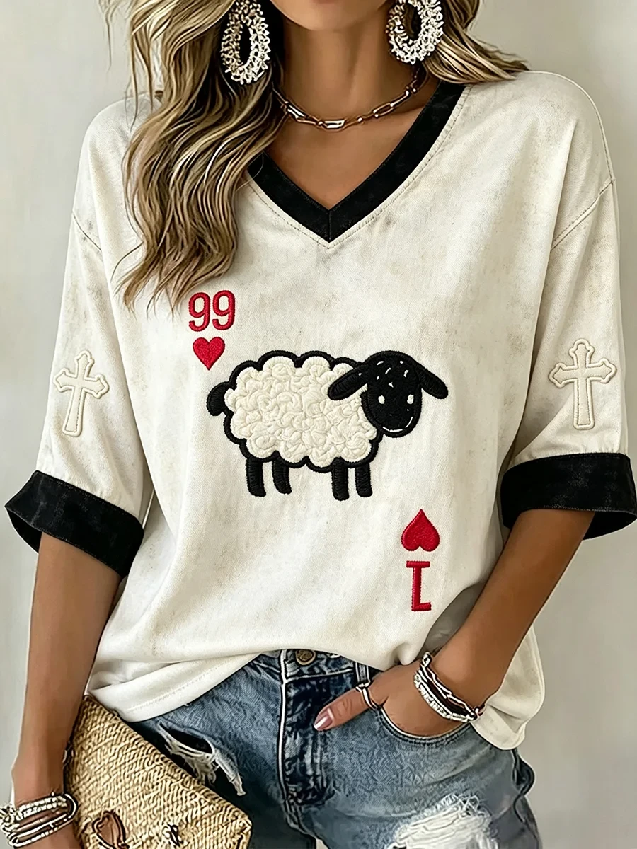 He Left The 99 Christian Sheep Cropped Sleeve V-Neck Shirt Faith Merch Gift For Her - Kdjoy