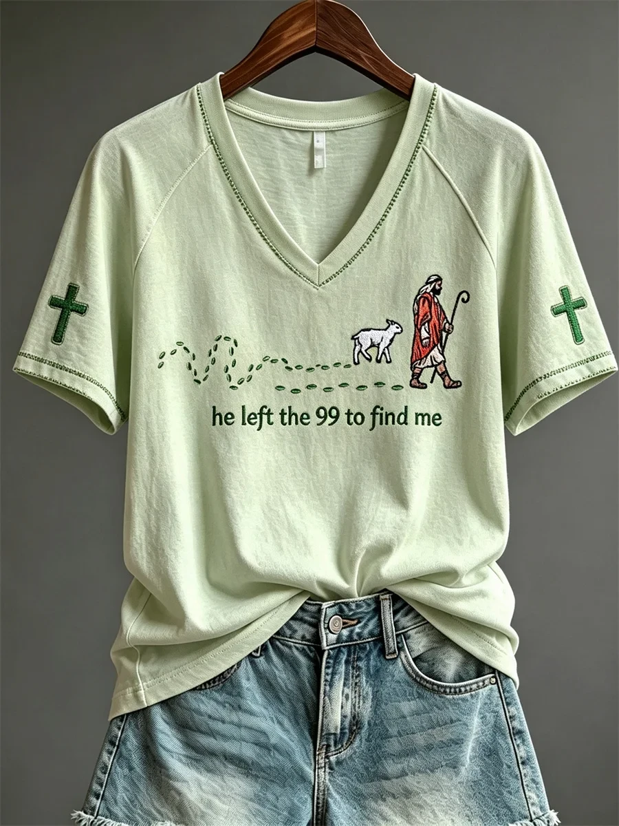He Left The 99 To Find Me Walking Jesus And Lamb V-Neck Shirt Christian Gift For Her - Kdjoy He Left The 99 To Find Me Walking Jesus And Lamb V-Neck Shirt Christian Gift For Her - Kdjoy