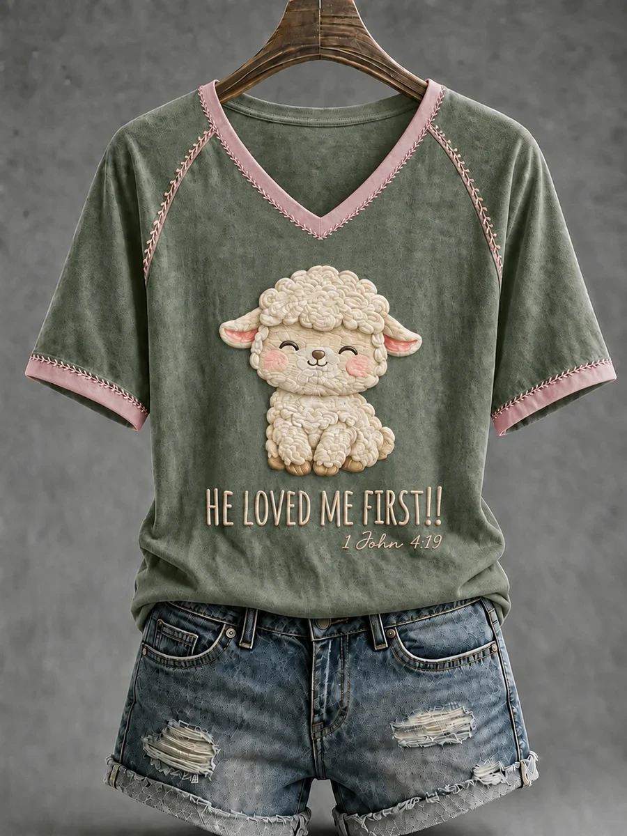 He Loved Me First V-Neck Shirt Funny Christian Shirt Cute Gifts For Daughters - Kdjoy