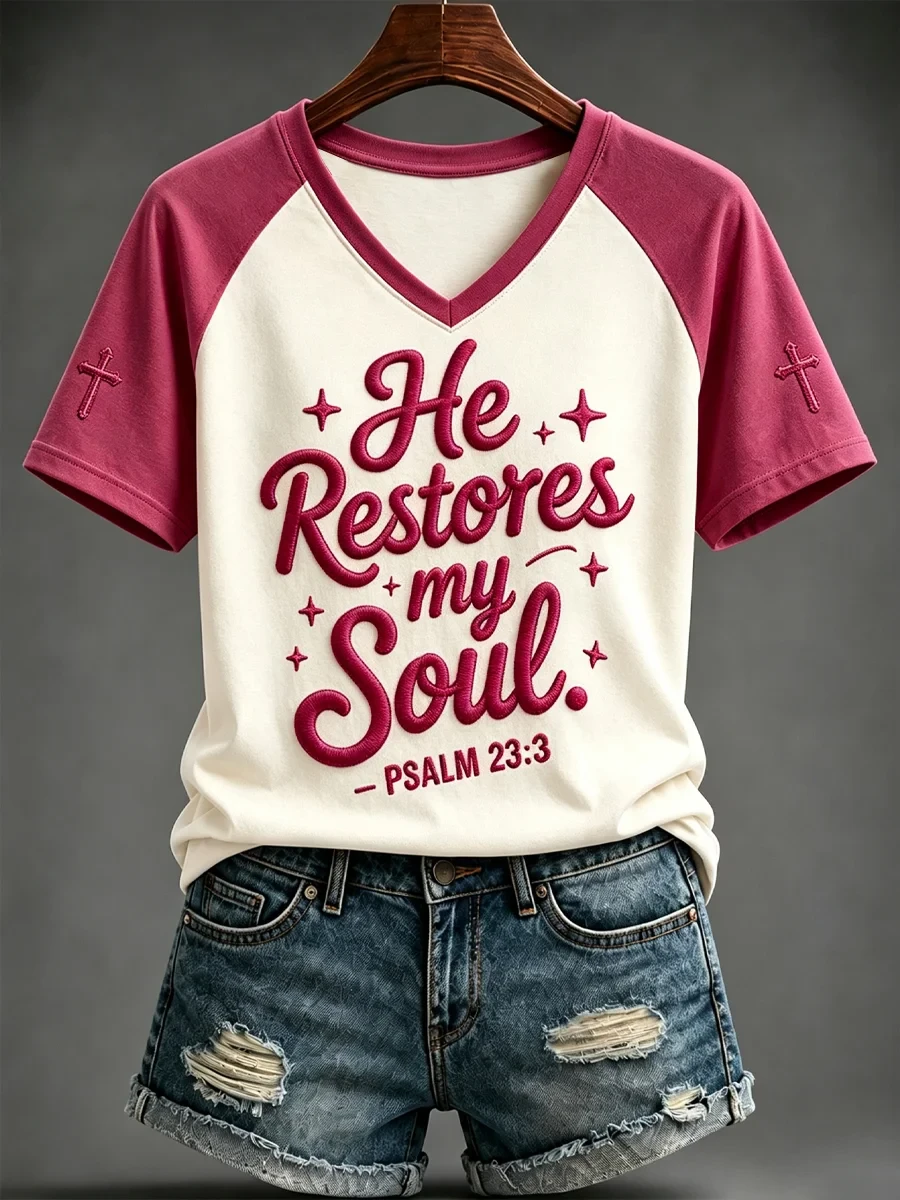He Restores My Soul V-Neck T-Shirt Faith Based Apparel Bible Gifts For Women - Kdjoy He Restores My Soul V-Neck T-Shirt Faith Based Apparel Bible Gifts For Women - Kdjoy