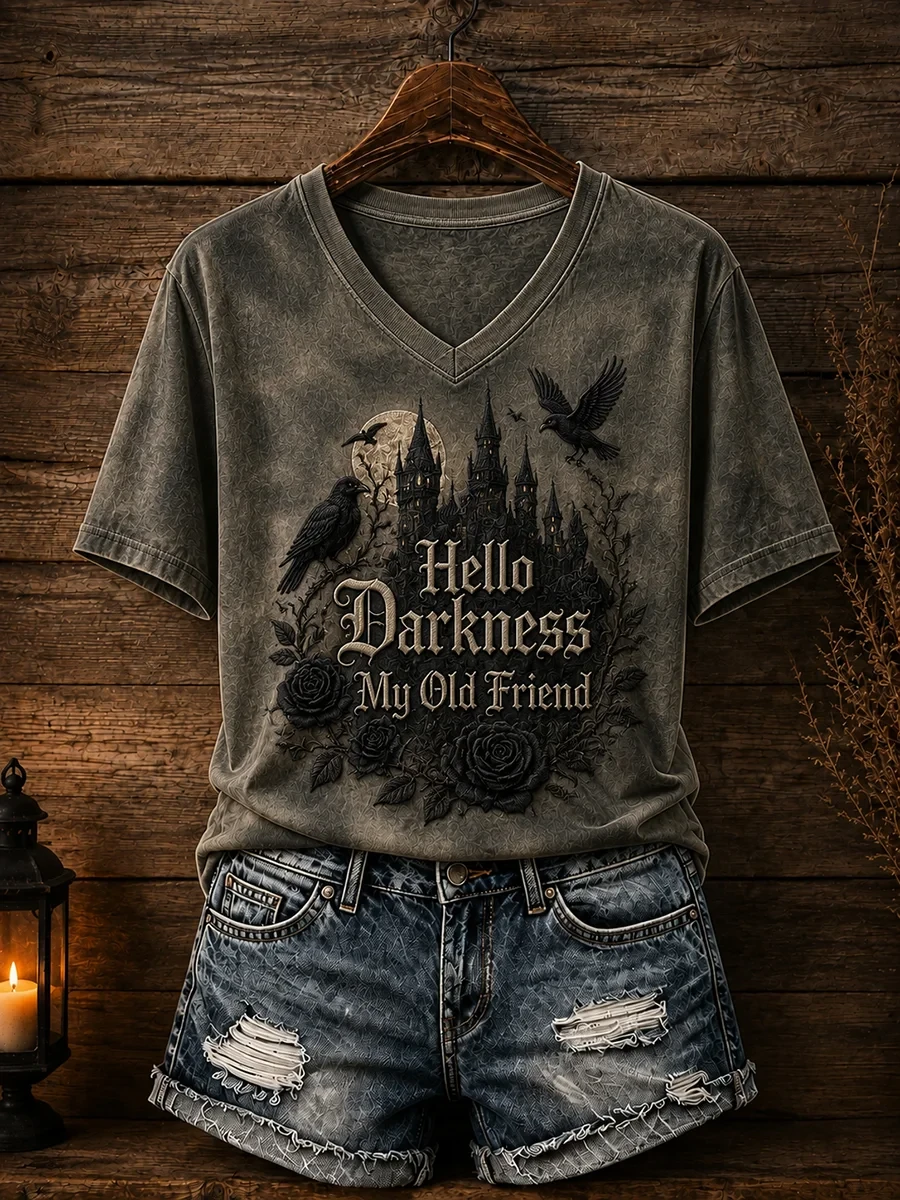 Hello Darkness My Old Friend V-Neck Shirt Gothic Halloween Apparel Fan Gift - Kdjoy Hello Darkness My Old Friend V-Neck Shirt Gothic Halloween Apparel Fan Gift - Kdjoy