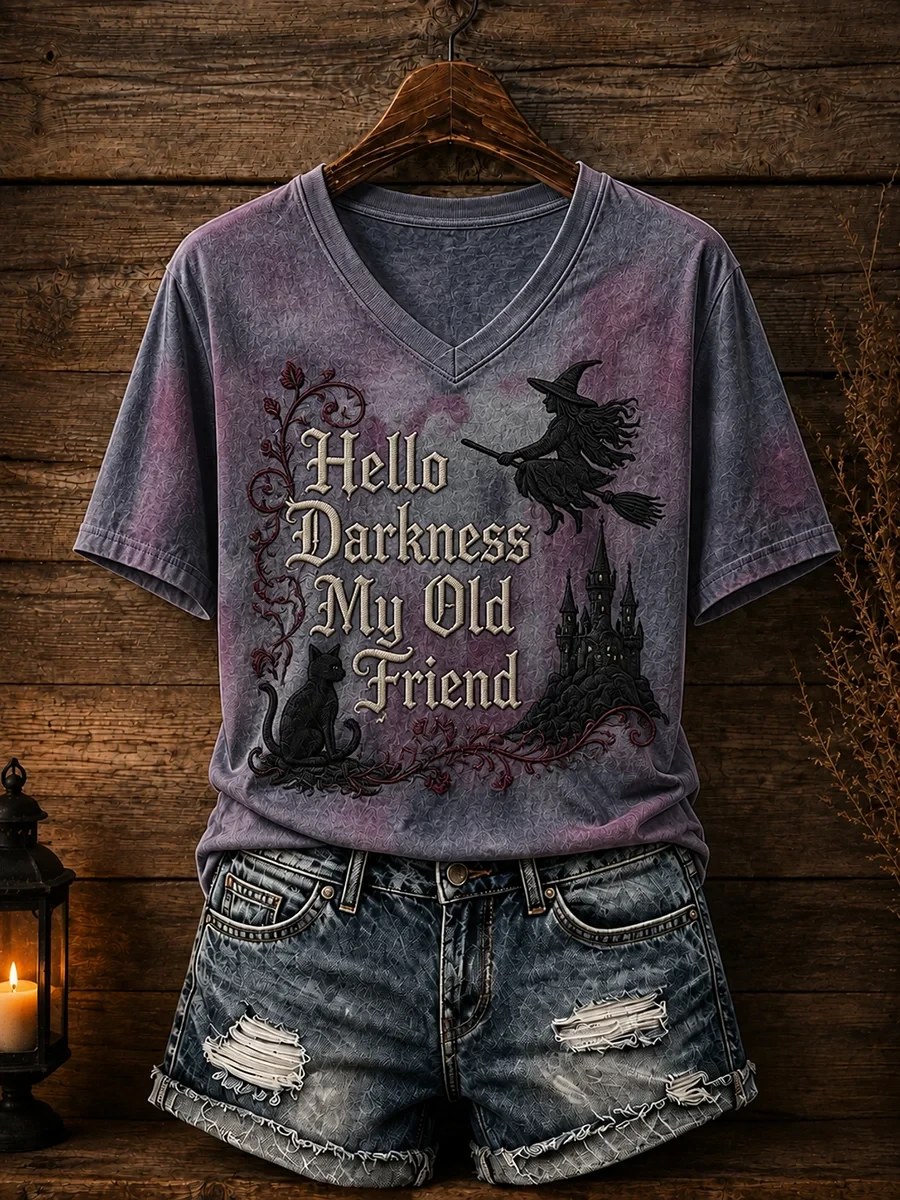 Hello Darkness My Old Friend V-Neck Shirt Halloween Merch Witchcraft Fan Gear - Kdjoy