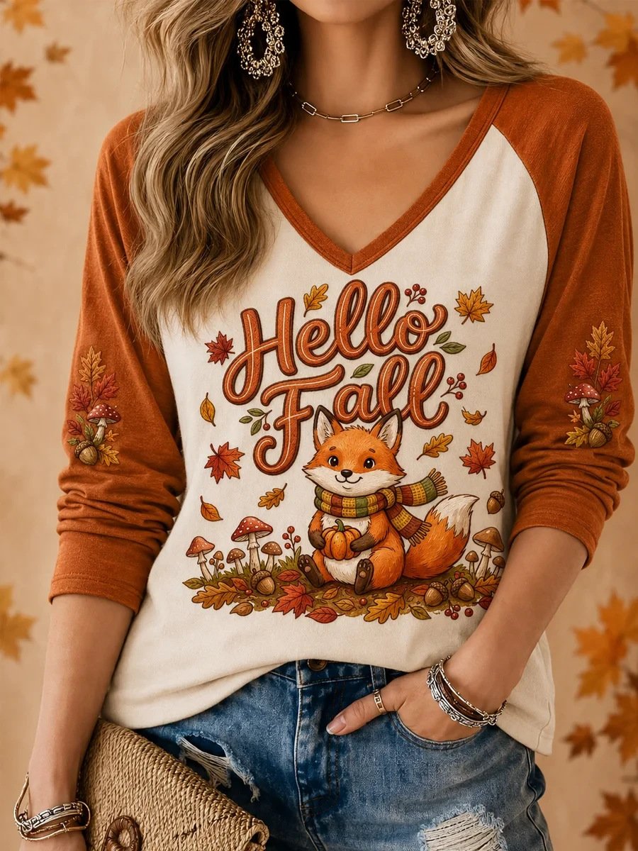 Hello Fall Cute Fox V-Neck Long Sleeve Shirt Good Halloween Outfits Gift For Bestie - Kdjoy Hello Fall Cute Fox V-Neck Long Sleeve Shirt Good Halloween Outfits Gift For Bestie - Kdjoy