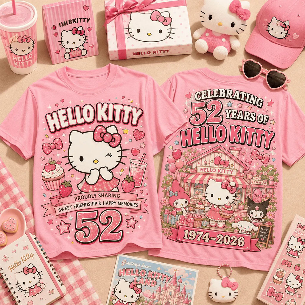 Hello Kitty 52nd Anniversary Pink T-Shirt Proudly Sharing Shirt Hello Kitty Merch Cute Gifts - Kdjoy Hello Kitty 52nd Anniversary Pink T-Shirt Proudly Sharing Shirt Hello Kitty Merch Cute Gifts - Kdjoy