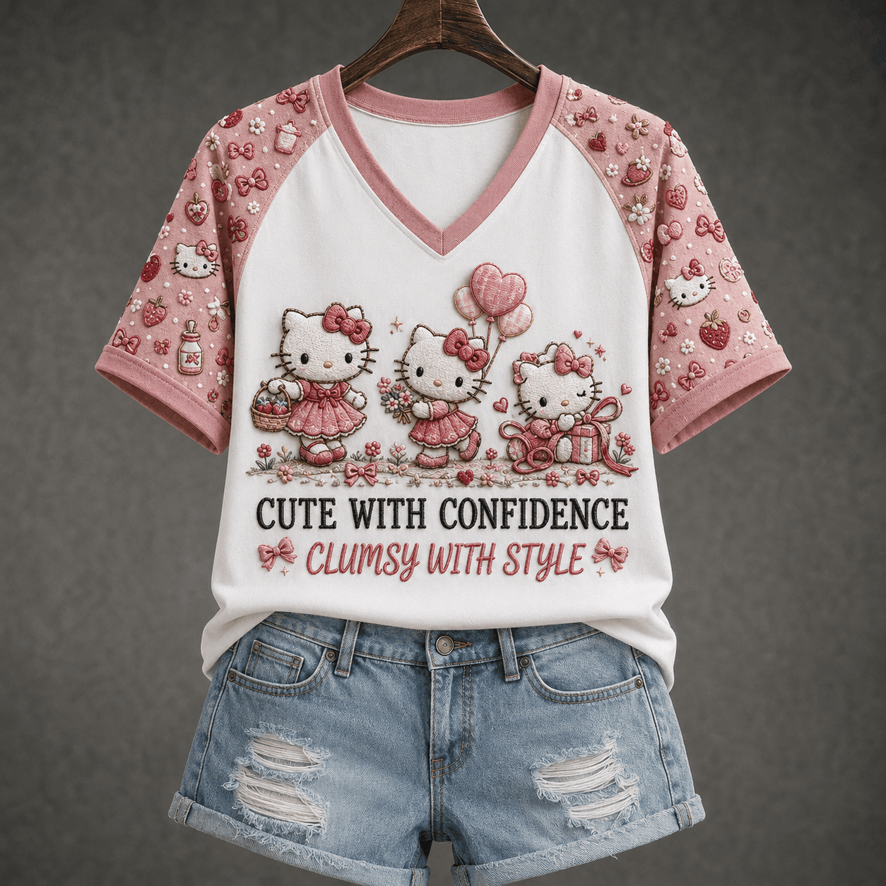 Hello Kitty Cute With Confidence V-Neck Shirt Clumsy With Style Lovely Clothing Gift For Her - Kdjoy Hello Kitty Cute With Confidence V-Neck Shirt Clumsy With Style Lovely Clothing Gift For Her - Kdjoy