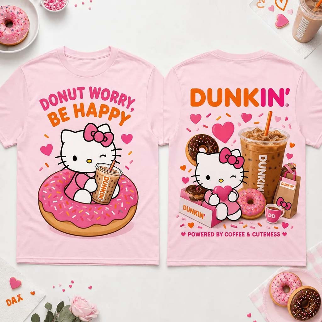 Hello Kitty Dunkin Donuts T-Shirt Donut Worry Be Happy Shirt Cute Gift For Coffee Lover - Kdjoy