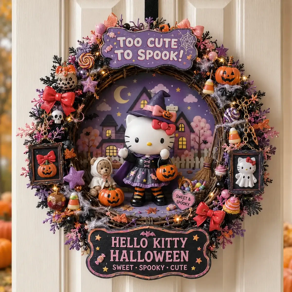 Hello Kitty Halloween Witch Wreath Hello Kitty Merch Cute Halloween Decorations - Kdjoy