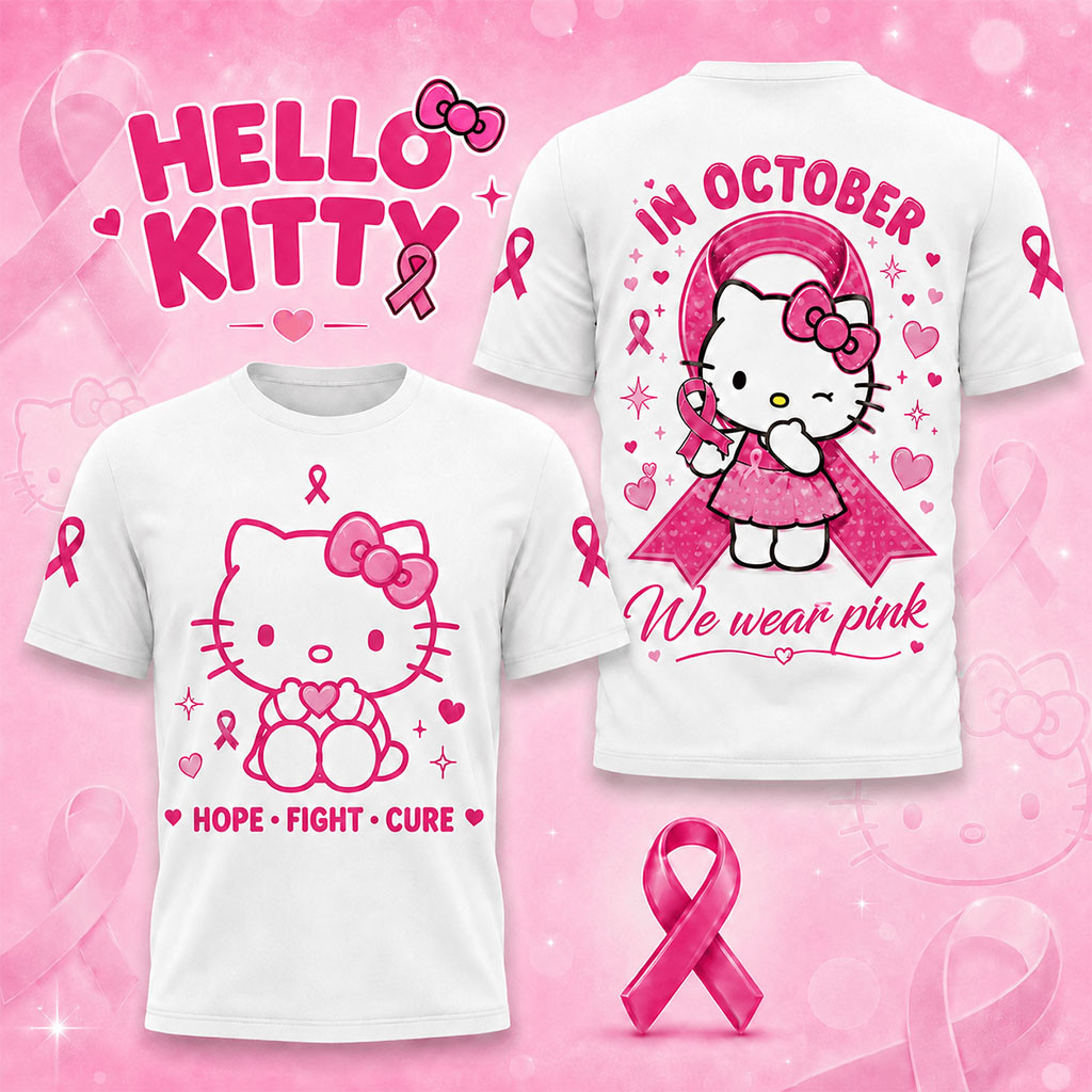 Hello Kitty Hope Fight Cure In October We Wear Pink Shirt Breast Cancer Awareness T-Shirt