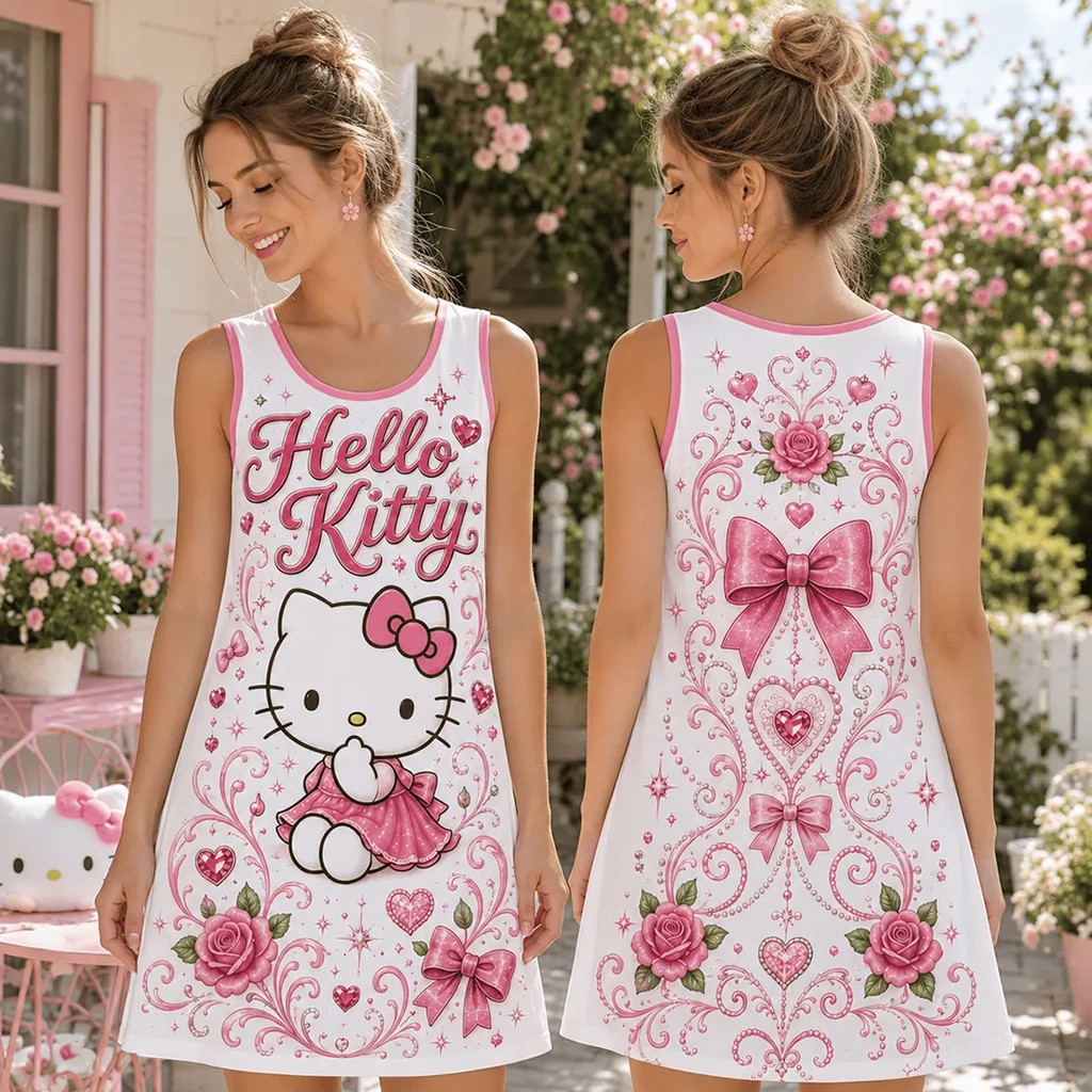 Hello Kitty Pink Rose Floral Sleeveless Tank Dress 2026 Hello Kitty Merch Gifts For Daughters - Kdjoy