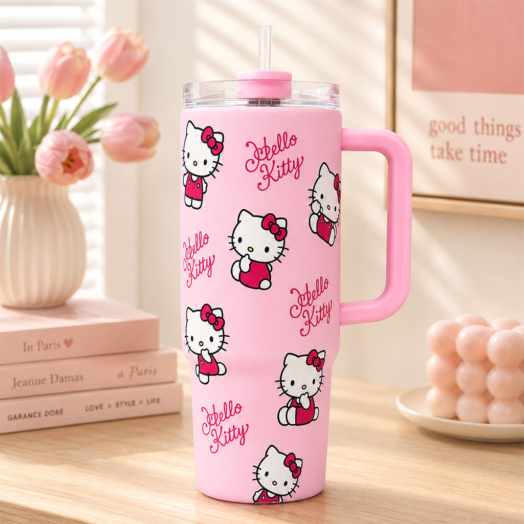 Hello Kitty Tumbler Pink Cute Cartoon Cat Travel Mug Kawaii Style Birthday Gift for Her - Kdjoy