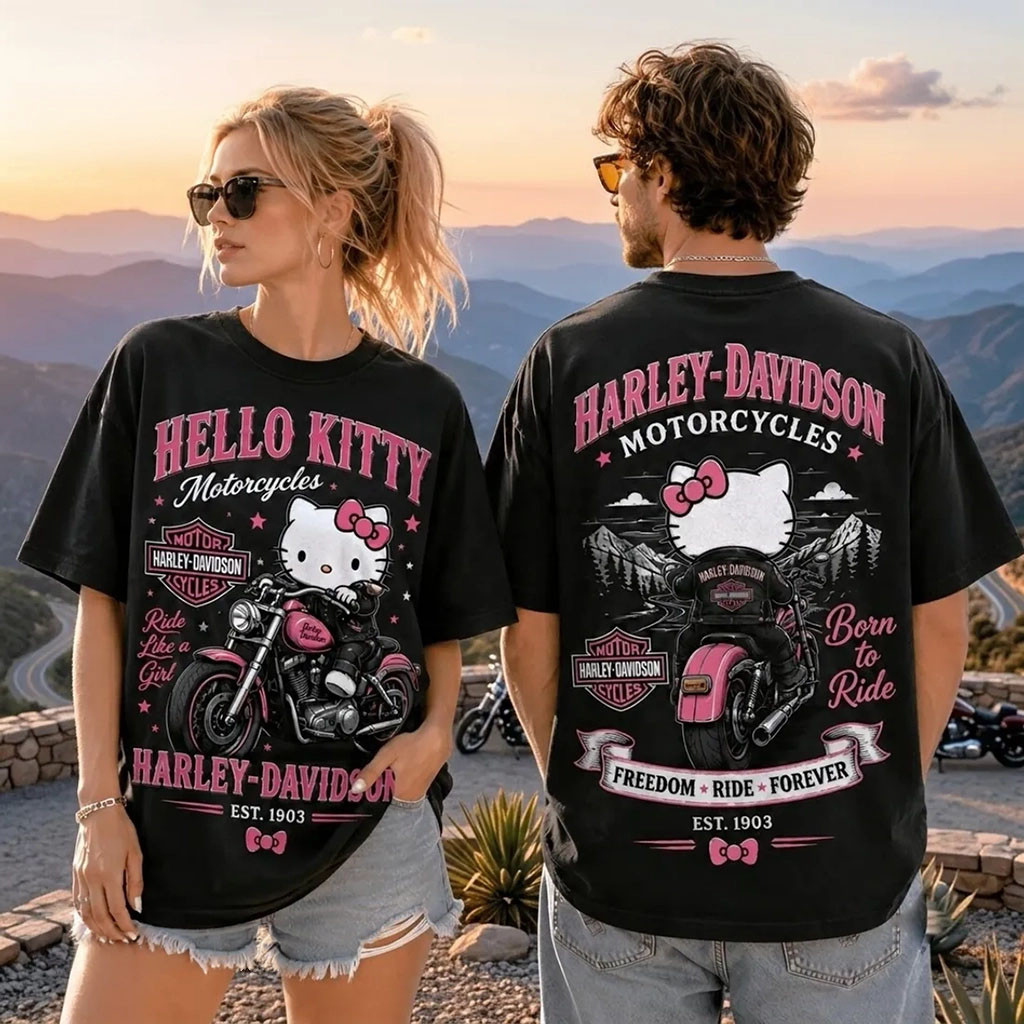 Hello Kitty X Harley-Davidson Born To Ride T-Shirt Freedom Ride Forever Motorcycles Fan Gifts