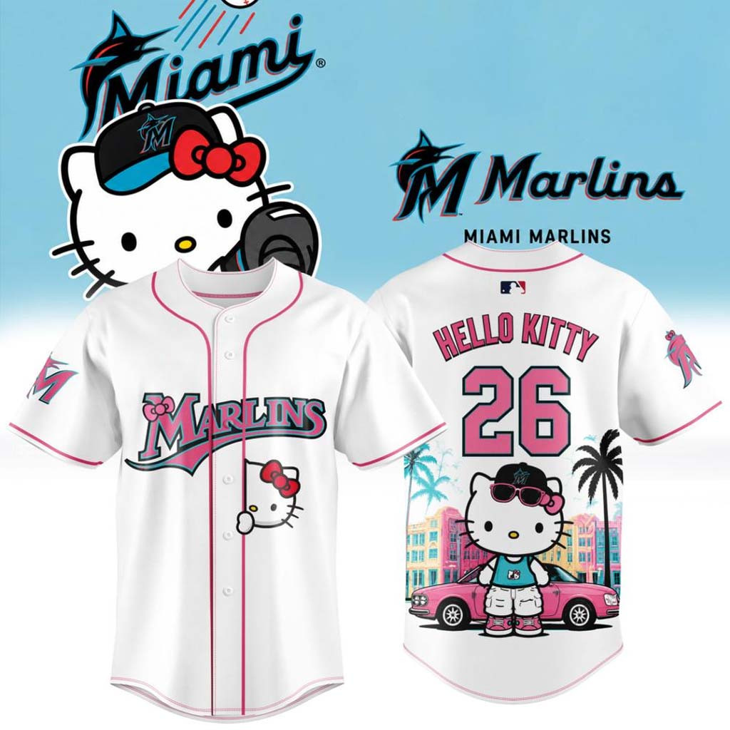 Hello Kitty X Miami Marlins 2026 Baseball Jersey Miami Marlins Merch Cute Baseball Fan Gear - Kdjoy
