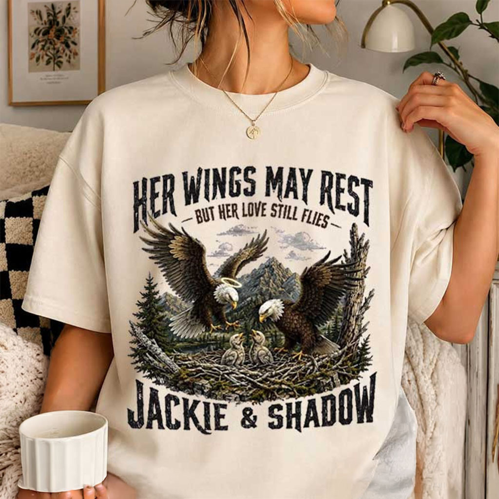 Her Wings May Rest But Her Love Still Flies Jackie And Shadow Memorial T-Shirt Gifts For Fans - Kdjoy Her Wings May Rest But Her Love Still Flies Jackie And Shadow Memorial T-Shirt Gifts For Fans - Kdjoy