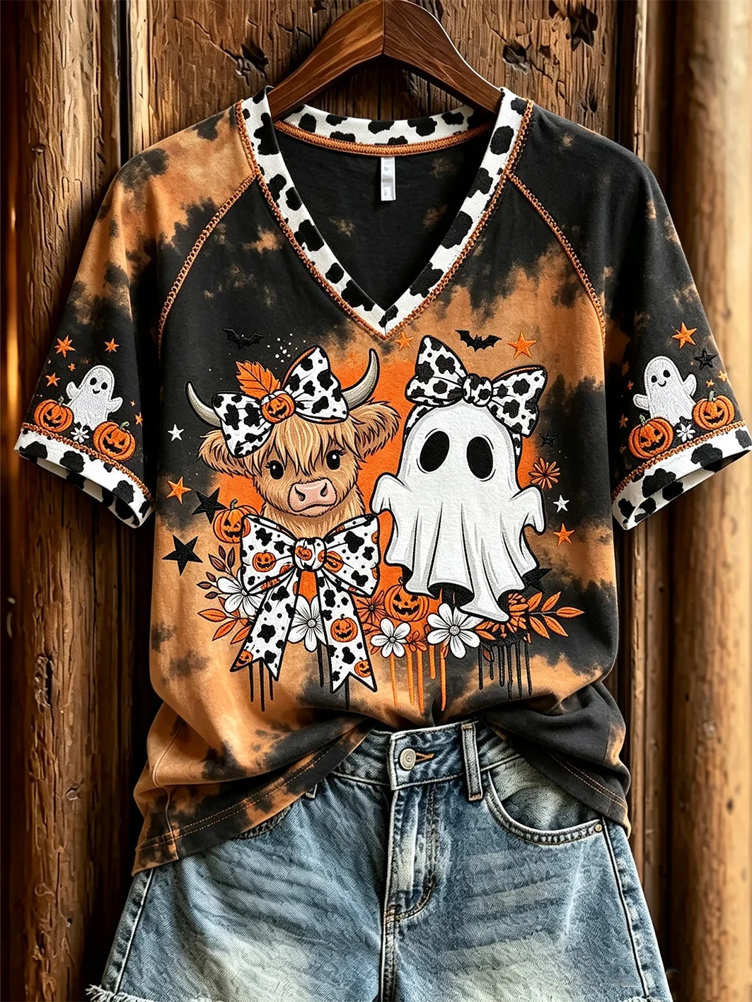 Highland Cow Ghost Halloween Themed V-Neck Shirt Cute Spooky Outfits Gifts For Cow Lovers - Kdjoy Highland Cow Ghost Halloween Themed V-Neck Shirt Cute Spooky Outfits Gifts For Cow Lovers - Kdjoy