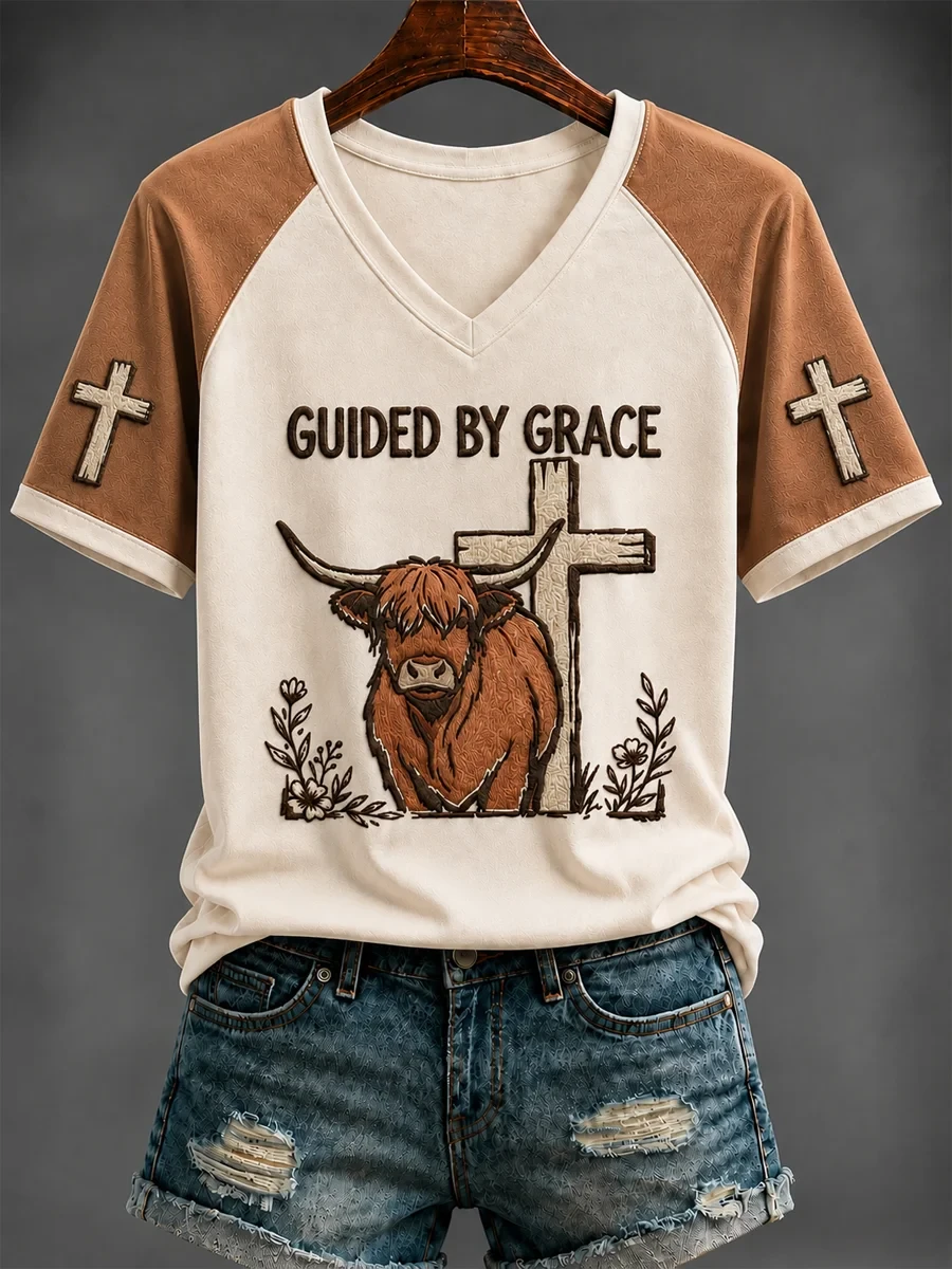 Highland Cow Guided By Grace V-Neck T-Shirt Faith Based Apparel Gifts For Grandma - Kdjoy Highland Cow Guided By Grace V-Neck T-Shirt Faith Based Apparel Gifts For Grandma - Kdjoy