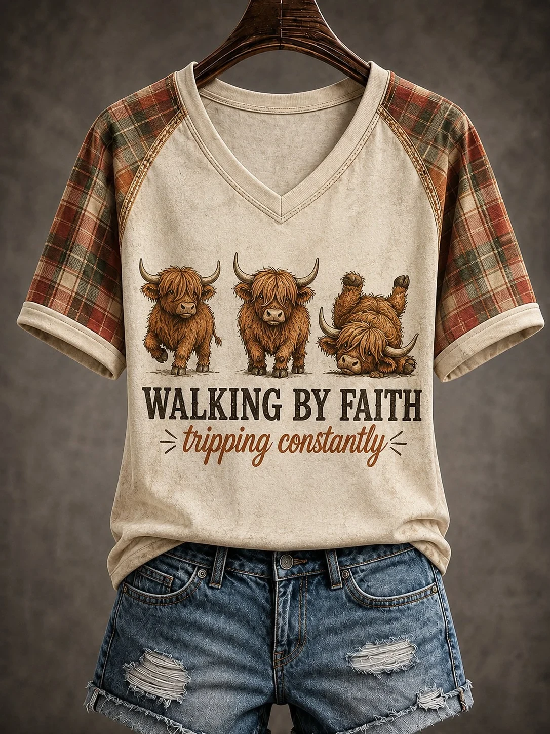 Highland Cow Walking By Faith Tripping Constantly V-Neck Shirt Biblical Gifts For Women - Kdjoy