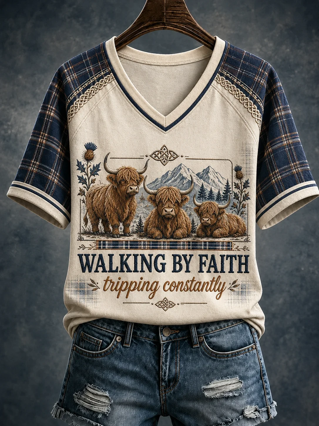 Highland Cow Walking By Faith Tripping Constantly V-Neck Shirt Christian Gifts For Mom - Kdjoy