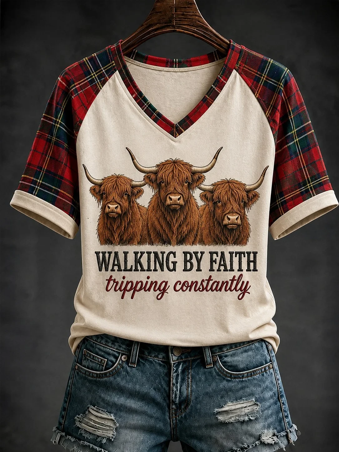 Highland Cow Walking By Faith Tripping Constantly V-Neck Shirt Christian Presents - Kdjoy