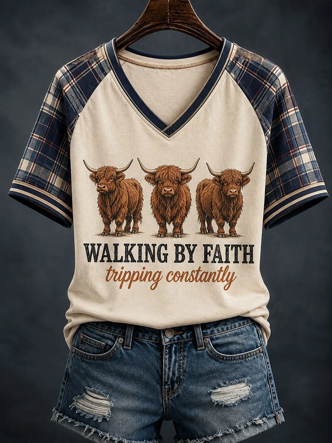 Highland Cow Walking By Faith Tripping Constantly V-Neck Shirt Faith Based Clothing Stores - Kdjoy