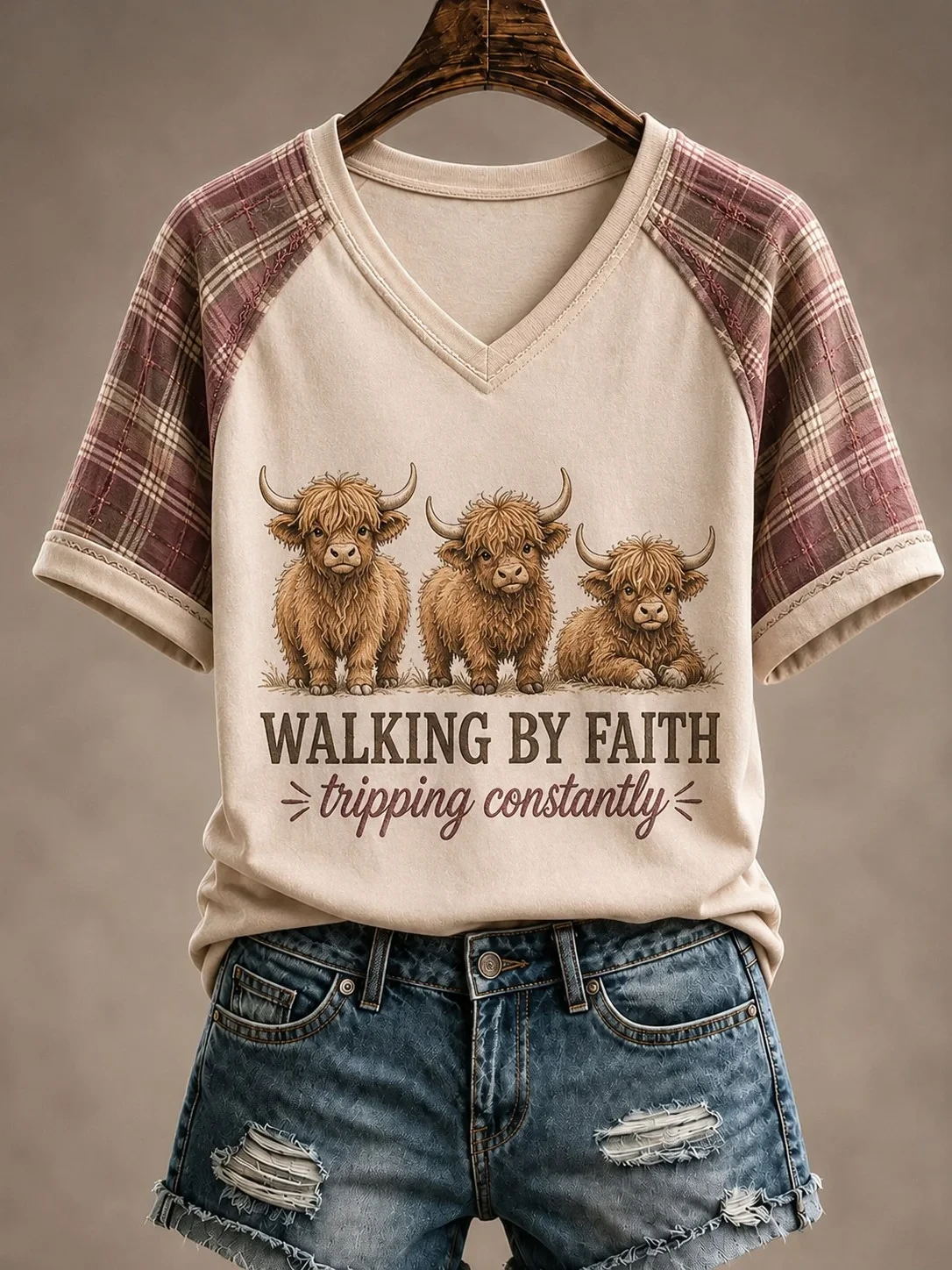 Highland Cow Walking By Faith Tripping Constantly V-Neck Shirt Love And Faith Apparel - Kdjoy