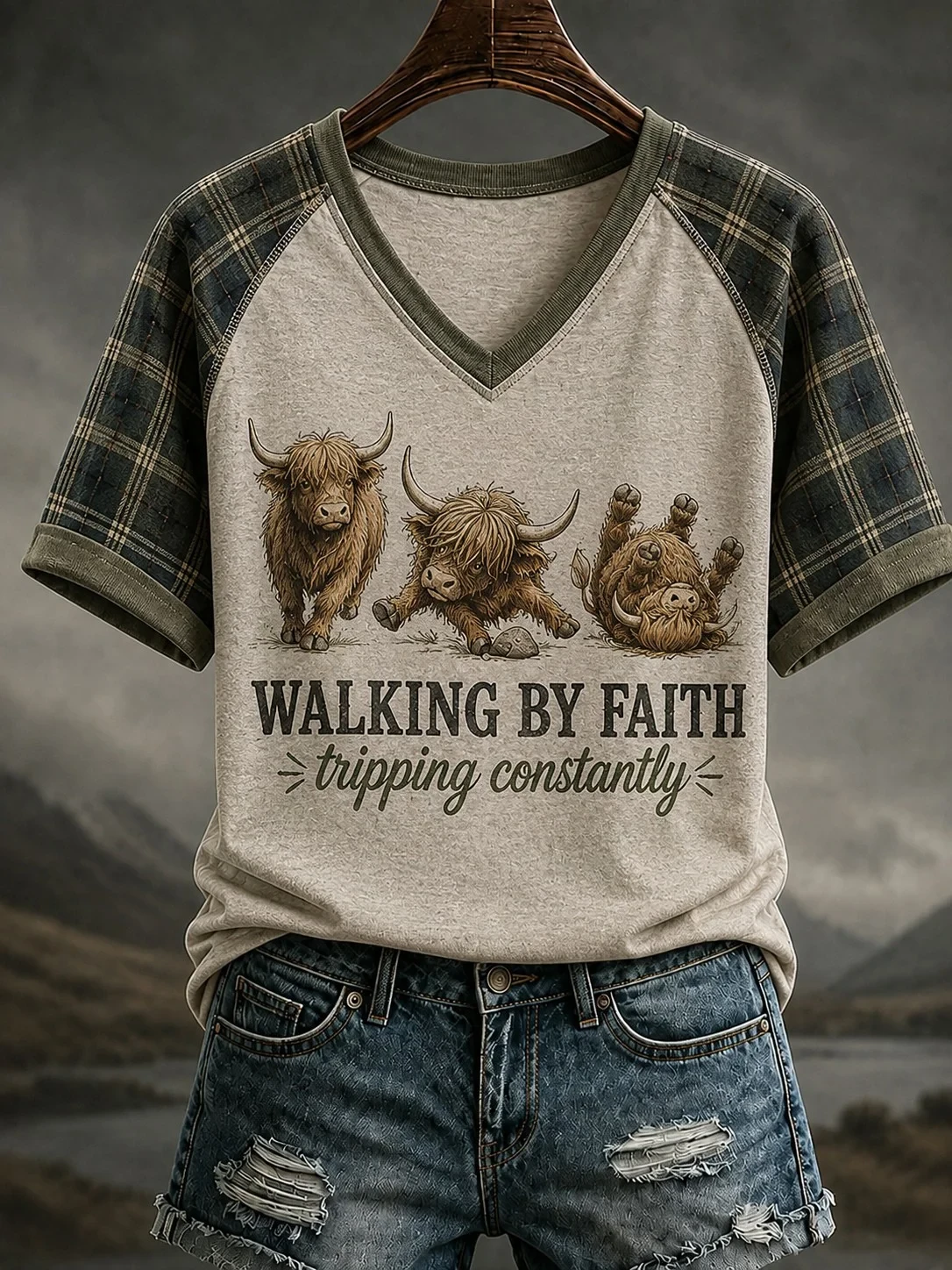 Highland Cow Walking By Faith Tripping Constantly V-Neck Shirt Religious Gifts For Her - Kdjoy