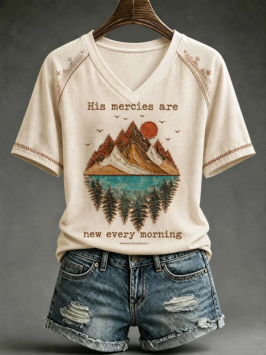 History Mercies Are New Every Morning V-Neck T-Shirt Autumn Fall Outfit Christian Gifts - Kdjoy