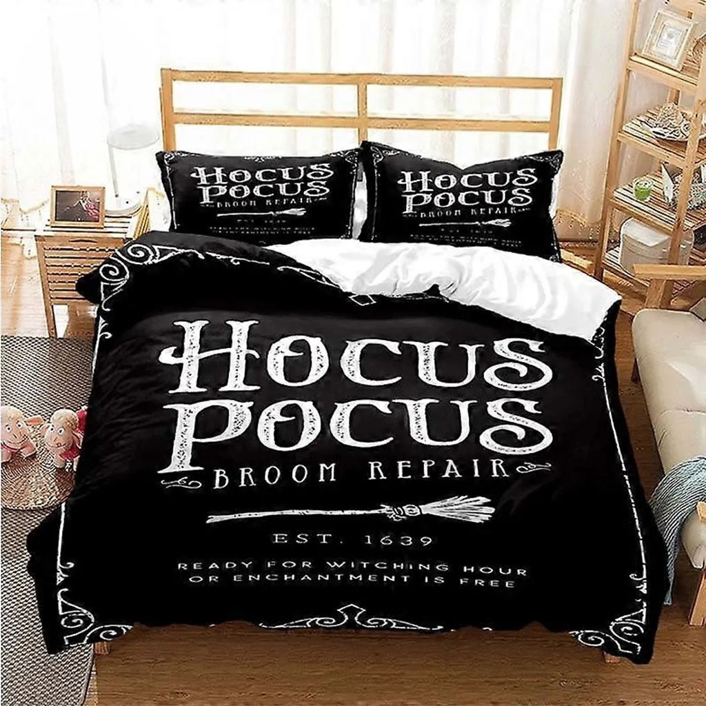 Hocus Pocus Broom Repair Est 1639 Ready For Witching Hour Black Bedding Set Halloween Decor - Kdjoy Hocus Pocus Broom Repair Est 1639 Ready For Witching Hour Black Bedding Set Halloween Decor - Kdjoy