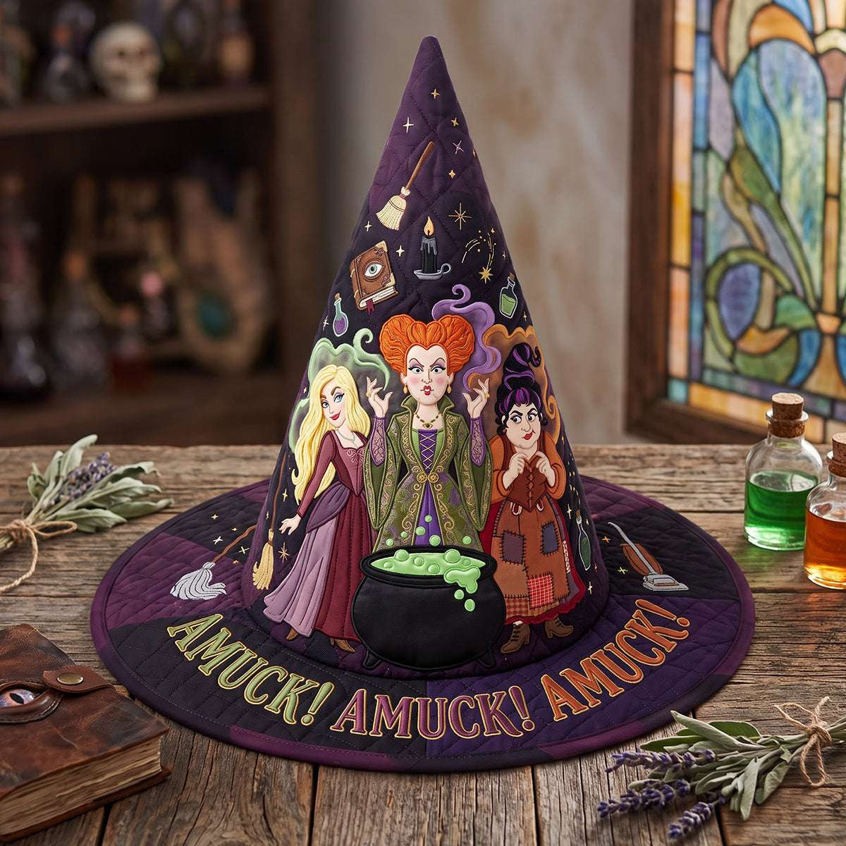 Hocus Pocus Merch Enchanted Amuck Amuck Amuck Quilted Witch Hat Halloween Holiday Decor - Kdjoy Hocus Pocus Merch Enchanted Amuck Amuck Amuck Quilted Witch Hat Halloween Holiday Decor - Kdjoy