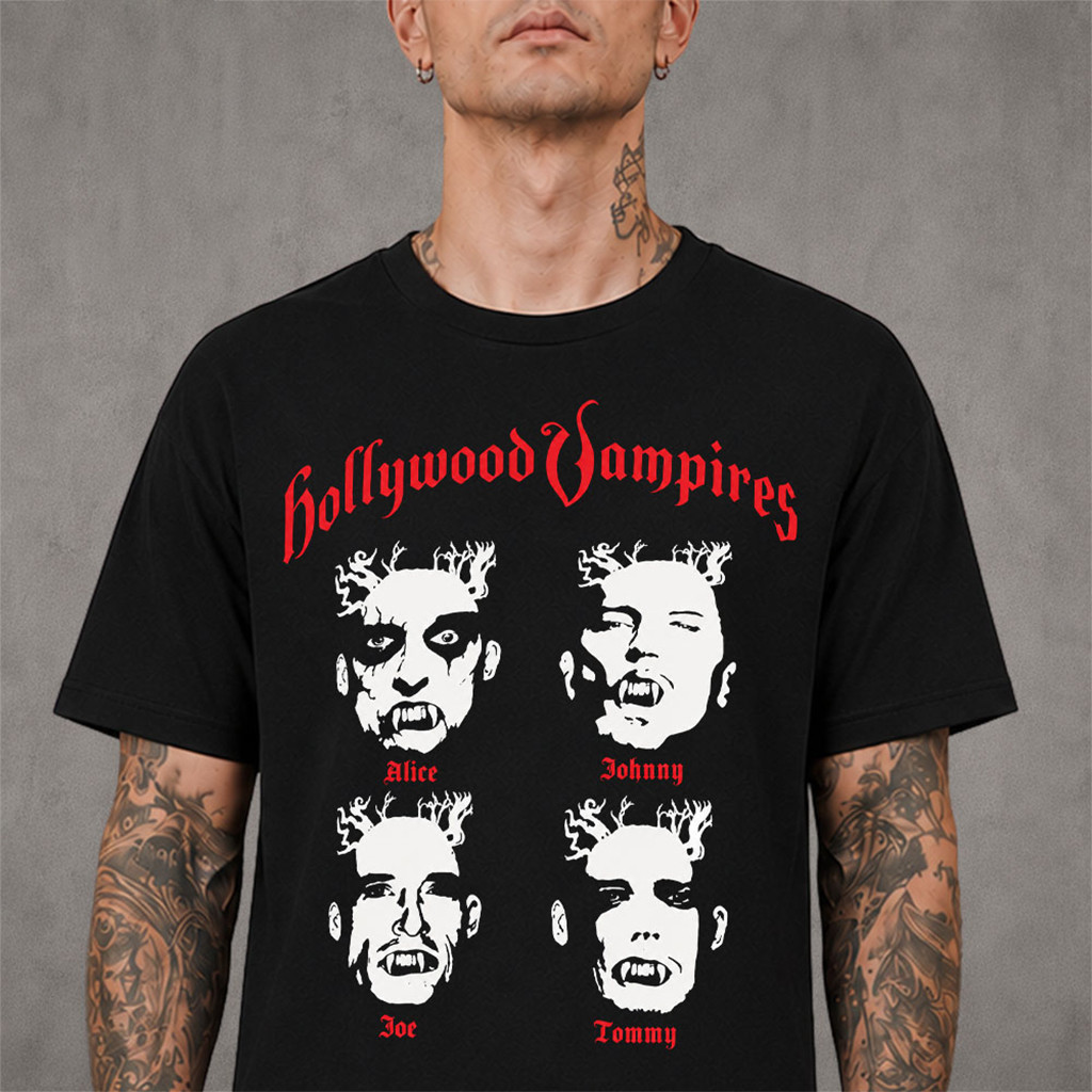 Hollywood Vampires Merch Europe And UK 2026 Tour Alice Johnny Joe And Tommy Faces T-Shirt - Kdjoy