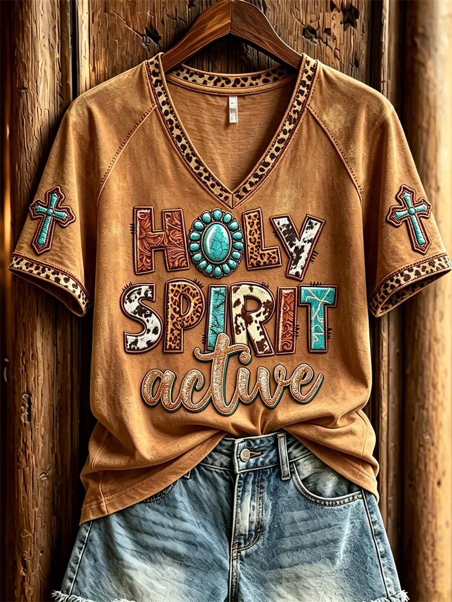 Holy Spirit Active Turquoise Leopard Cowhide Western V-Neck Shirt Cool Christian Apparel - Kdjoy Holy Spirit Active Turquoise Leopard Cowhide Western V-Neck Shirt Cool Christian Apparel - Kdjoy