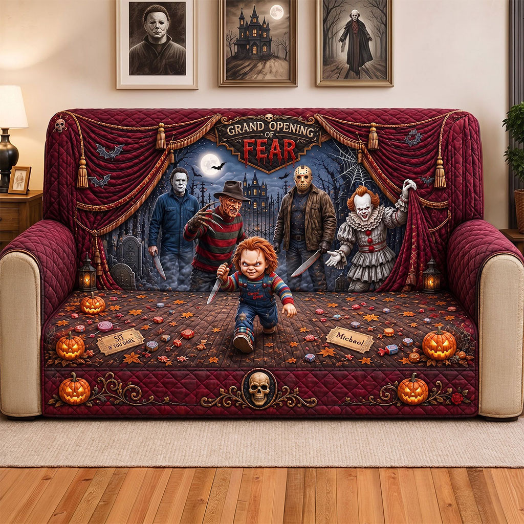 Horror Characters Grand Opening Of Fear Quilted Sofa Cover Spooky Halloween Merch Sofa Decor - Kdjoy