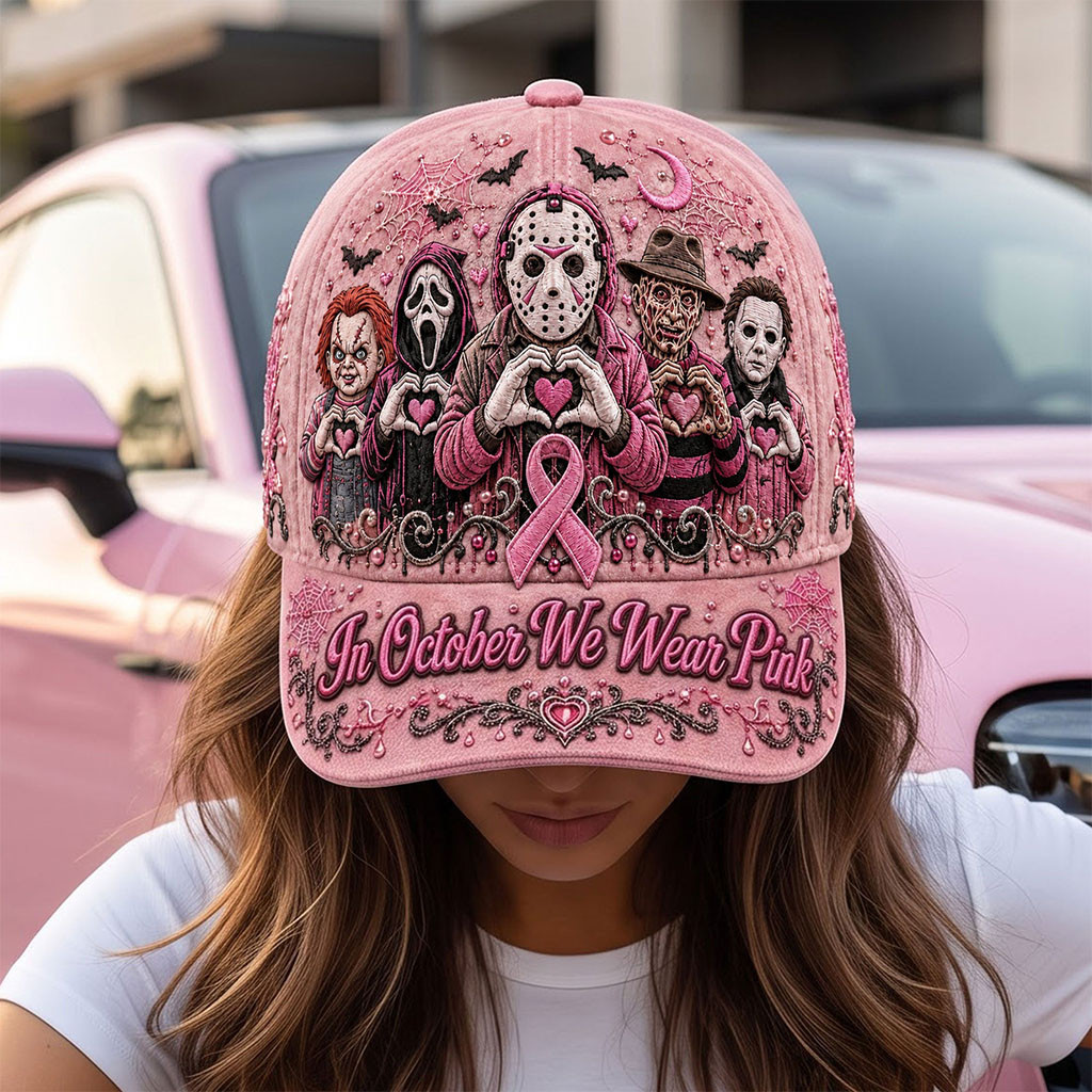 Horror Characters In October We Wear Pink Hat Breast Cancer Awareness Hat Gifts For Horror Lovers - Kdjoy