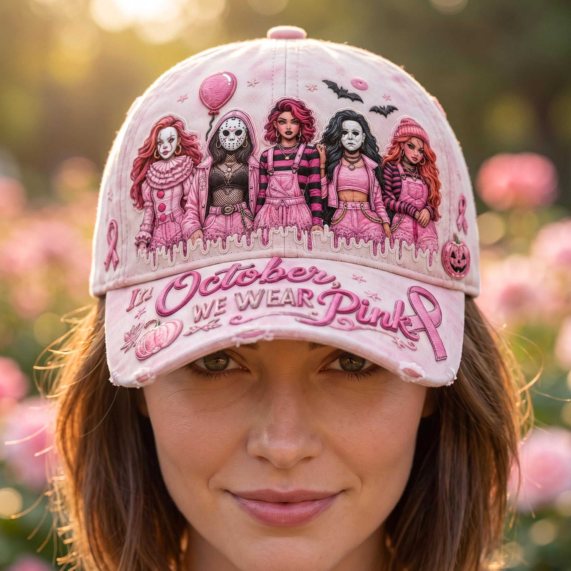 Horror Movie Characters Breast Cancer Squad Hat In October We Wear Pink Hat Halloween Gifts - Kdjoy Horror Movie Characters Breast Cancer Squad Hat In October We Wear Pink Hat Halloween Gifts - Kdjoy