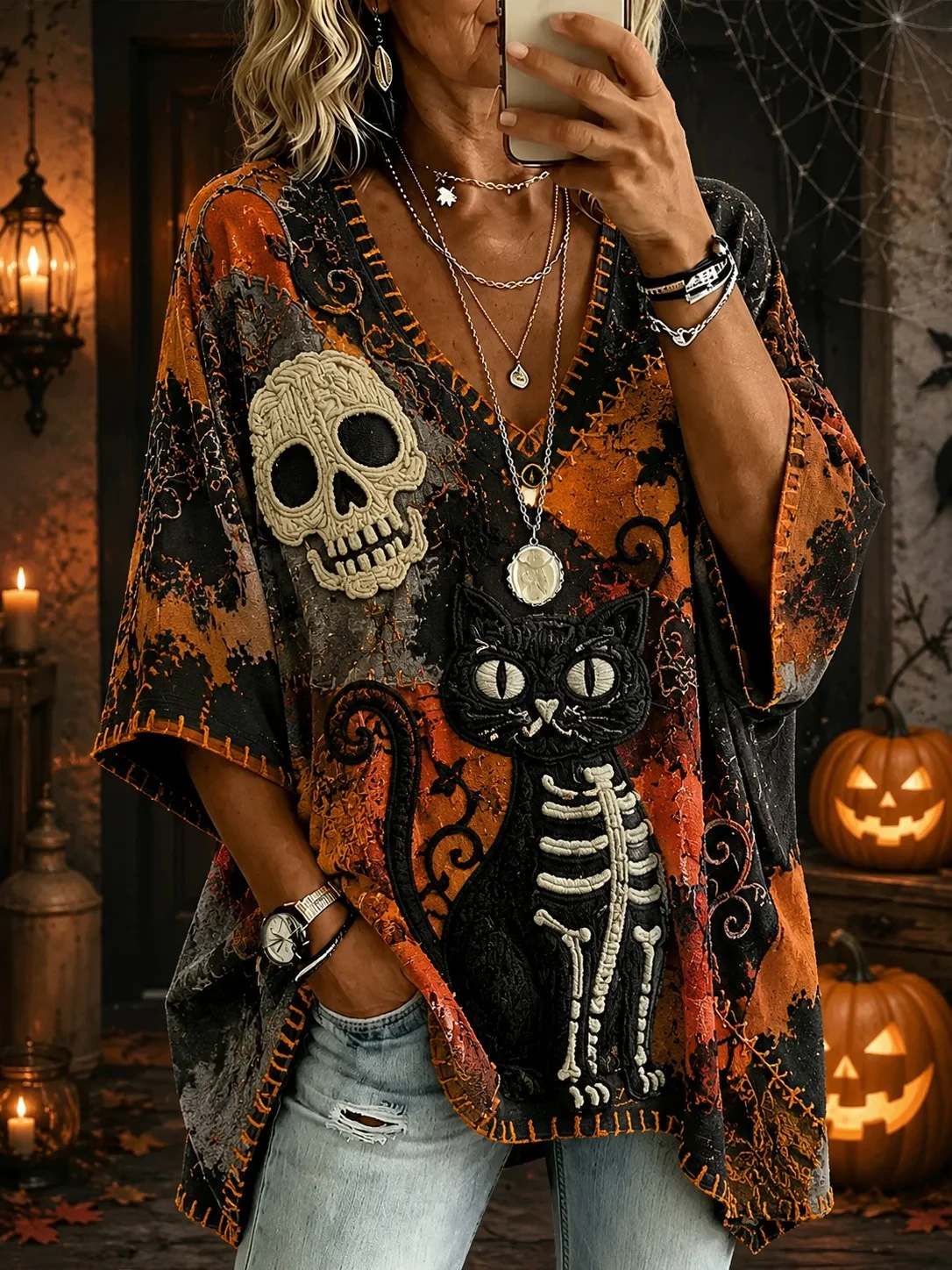 Horror Skull Cropped Sleeve V-Neck Shirt Gothic Halloween Clothing Party Gift - Kdjoy Horror Skull Cropped Sleeve V-Neck Shirt Gothic Halloween Clothing Party Gift - Kdjoy