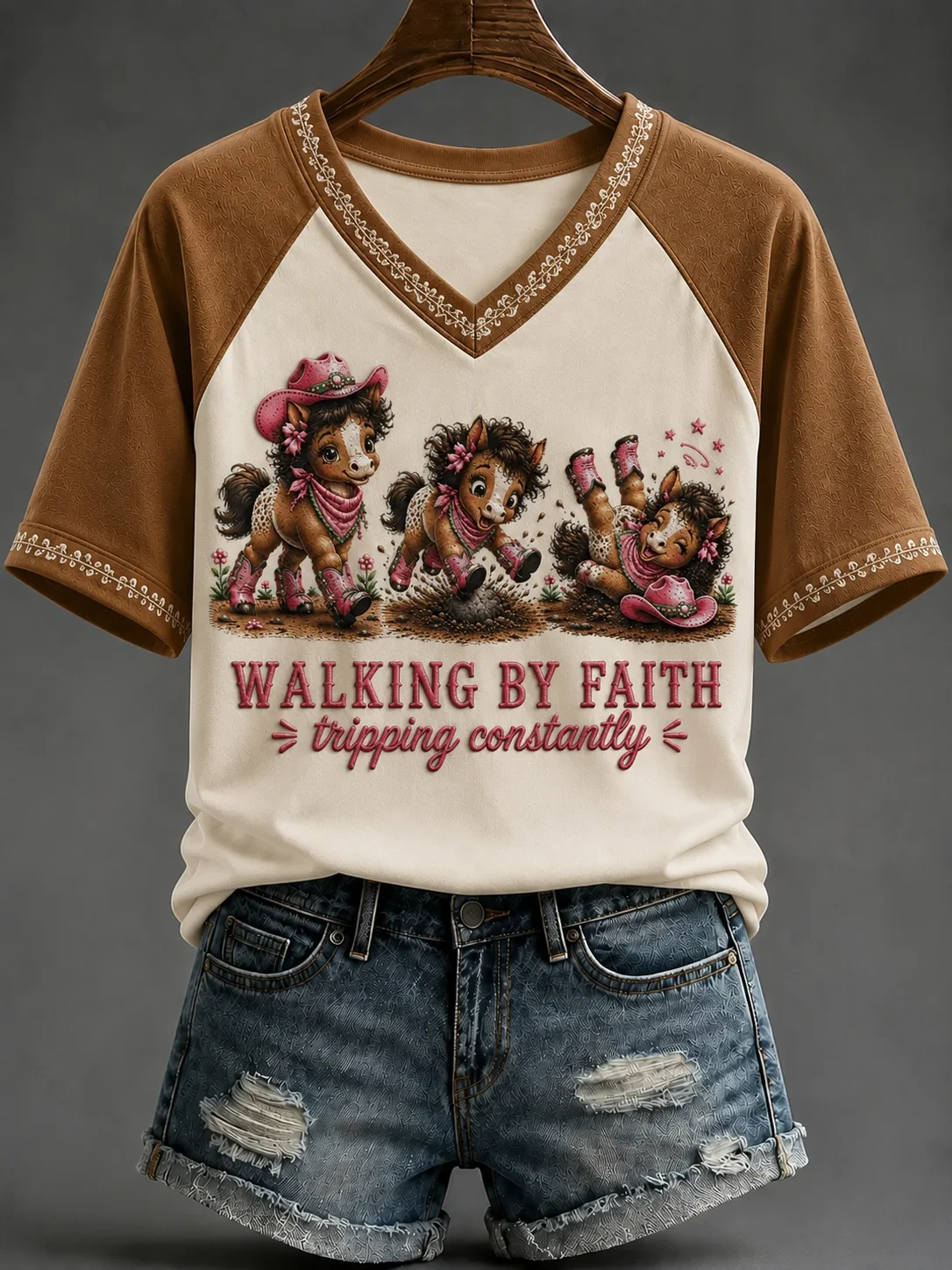 Horse Walking By Faith Tripping Constantly V-Neck Shirt Christian Apparel Gift For Horse Lovers - Kdjoy